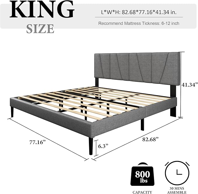 King Size Bed Frame with Fabric Upholstered Headboard, Platform Bed with Wooden Slats Support, Fully Mattress Foundation, Box Spring Optional, Easy Assembly