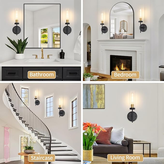 Wall Sconces Set of 2, Black and Gold Modern Bathroom Vanity Lights with Clear Glass, Sconces Wall Decor Set of 2, Hardwired wall Sconce Lighting, Indoor Wall Lights for Bedroom Living Room Hallway