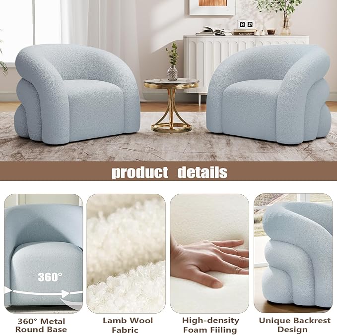 34.6" W Mordern Swivel Accent Chair,Sherpa Round Upholstered Boucle 360° Swivel Armchair for Living Room,Comfy No Assembly Sofa Chair for Bedroom Reading Apartment Lounge(Blue)