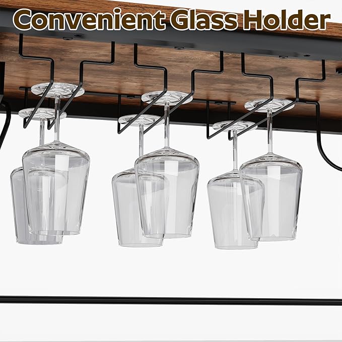 Kitchen Island with 3 Shelves, Kitchen Island with Power Outlet, Kitchens Storage Rack with 4 S Hooks, Microwave Stand Coffee Bar Station for Dining Room, Rustic Brown and Black KIHR92E01