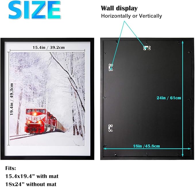Egofine 18x24 Solid Wood Picture Frame, Made of Solid Wood Covered by Plexiglass 16x20 with Mat 18x24 without Mat, Poster Frame for Wall Mounting Photo Frame Vertically or Horizontally, Black