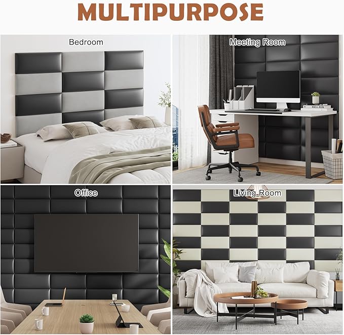 IFNOW Wall Mounted Upholstered Headboard Full, 3D Peel and Stick Soundproof Panels, Reusable and Removable Padded Leather Bed Headboard, 6 Panels 9.84" x 23.62", Black