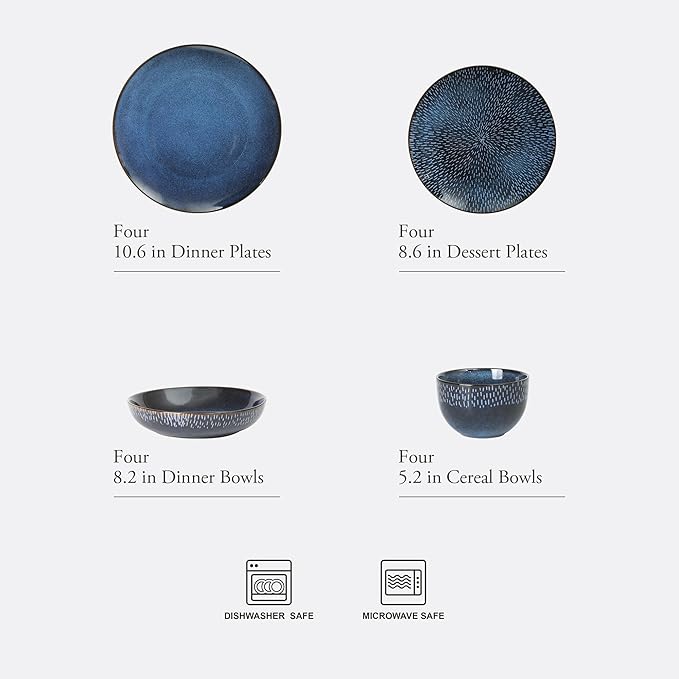 Gibson Elite Matisse 16 Piece Double Bowl Dinnerware Set, Cobalt Blue, Service for 4 (16pcs)