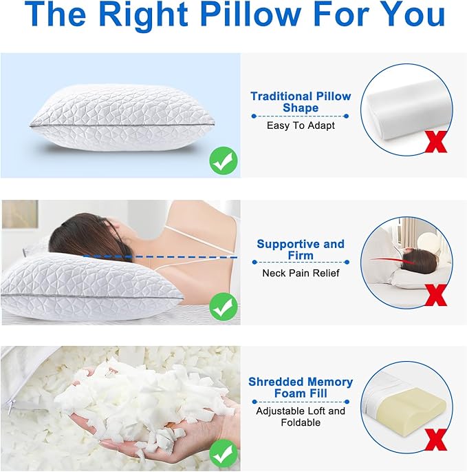 Cooling Pillows Queen Size Set of 4, Shredded Memory Foam Pillows, Adjustable Firm Bed Pillows Cool Cold Pillow for Hot Side Back Stomach Sleepers with Removable Washable Cover, 20" x 30", White