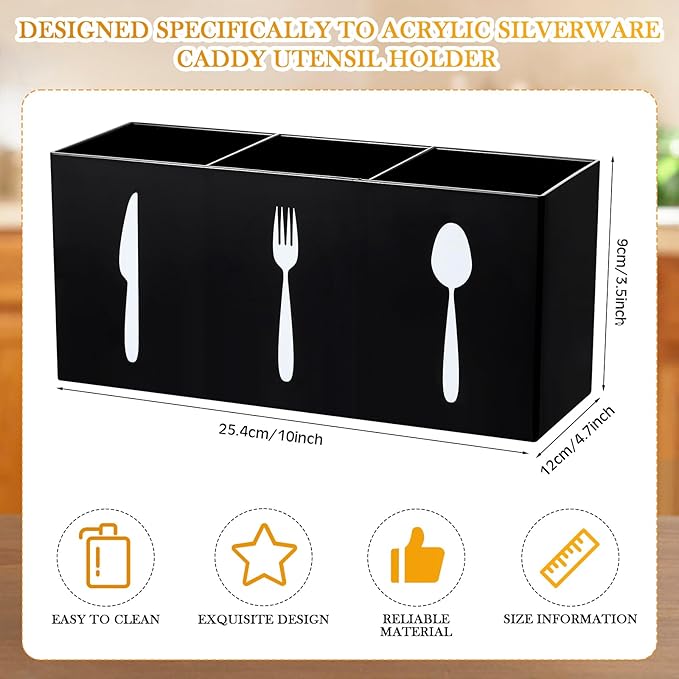 Suzile Acrylic Cutlery Storage Organizer Bin Silverware Caddy Countertop Knife Spoon and Fork Holder Kitchen 3 Section Tableware Storage Box for Cabinet Indoor Home Flatware Dining Room(Black,L)
