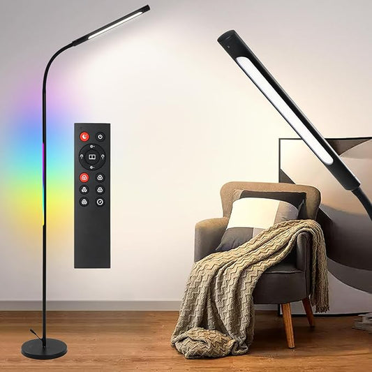Pak Smart RGB Floor Lamp, LED Floor Lamp for Living Room, Modern Adjustable Gooseneck Standing Lamp with Music Sync, Scene Modes, Remote & Touch Control, Eye-Caring Reading Light for Bedroom Gaming