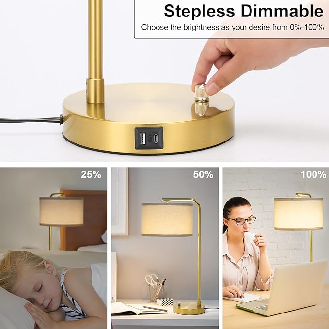 Fully Dimmable Bedside Lamp with C+A USB Ports, Mordern Gold Nightstand Lamp Desk Reading Lamp with Beige Drum Shade, Tall Side Table Lamp for Living Room Bedroom Office, 9W LED Bulb Included