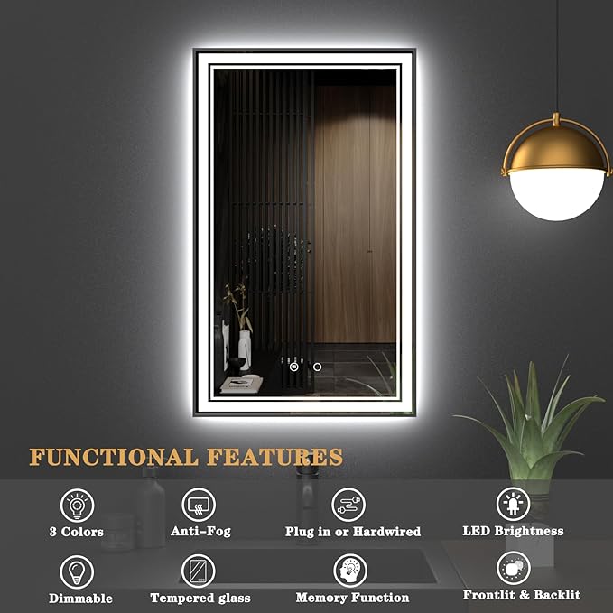 30" x 18" LED Bathroom Mirror with Lights Framed LED Mirror for Bathroom Backlit and Front Lighted Bathroom Mirror Black Square Aluminum Frame Anti-Fog Dimmable Vanity Shatter-Proof