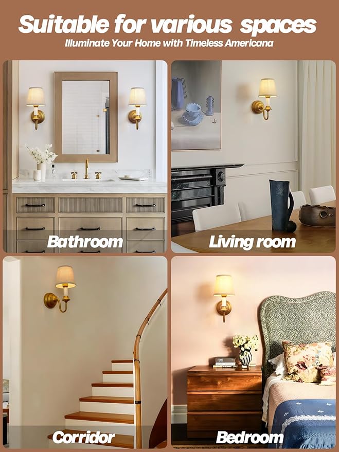 Vintage Fabric Wall Sconce Light with Curved Arm, Rustic Linen Cloth Wall Light Fixtures, Hardwired Brass Wall Mounted Lamp for Bathroom Vanity Bedroom Living Room