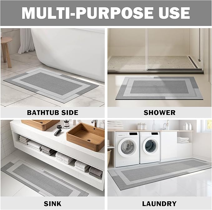 Non Slip Bath Mat, Rubber Backing Ultra Thin Bathroom Rugs Fit Under Door Quick Dry Super Absorbent Washable Bath Rug Shower Mat for Bathroom Floor Bathtub Shower Sink, Easy Care Gray 16"x 24"