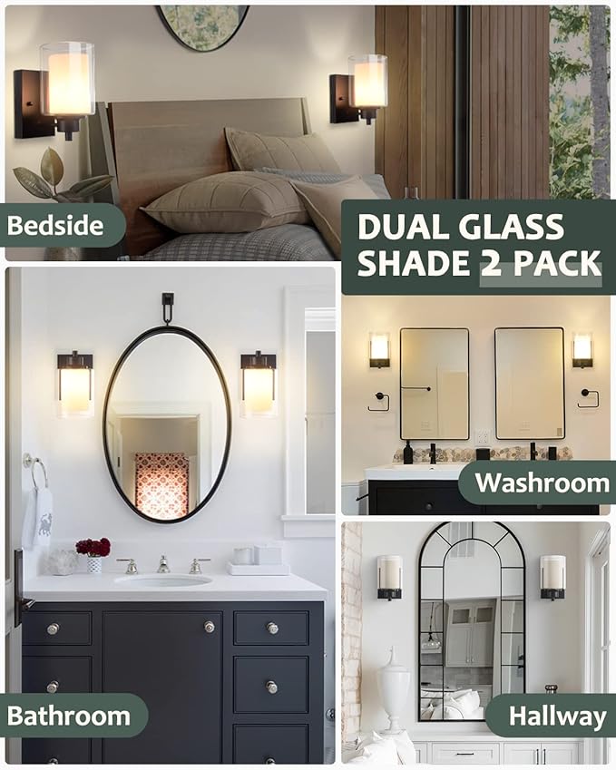 2 Pack Bath Vanity Light Fixtures 1-light, Indoor Black Wall Light with Dual Glass Shade, Farmhouse Bathroom Wall Scone, Vintage E26 Bese Wall mount Lighting for Porch Bedroom Entryway Stairs