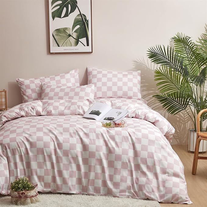 CLOTHKNOW Pink Plaid Comforter Set California King 3Pcs Pink White Bedding Comforter Sets Checker Comforter Soft Grid Comforter Sets Cal King