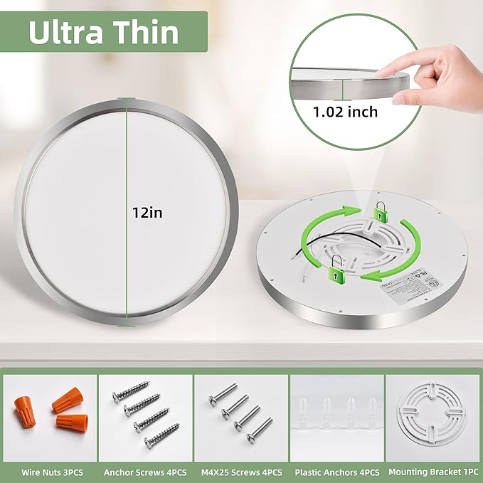 hykolity 12 Inch Selectable CCT LED Round Flat Panel Light, 24W 3000K/4000K/5000K, Edge-Lit Flush Mount Ceiling Light Fixture for Kitchen, Bedroom, Laundry and Closet Room,Brush Nickel