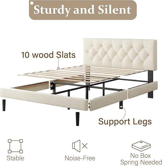 Full Size Platform Bed Frame with Upholstered Headboard, Button Tufted Design, Strong Wooden Slats, No Box Spring Needed, Easy Assembly, Noise Free