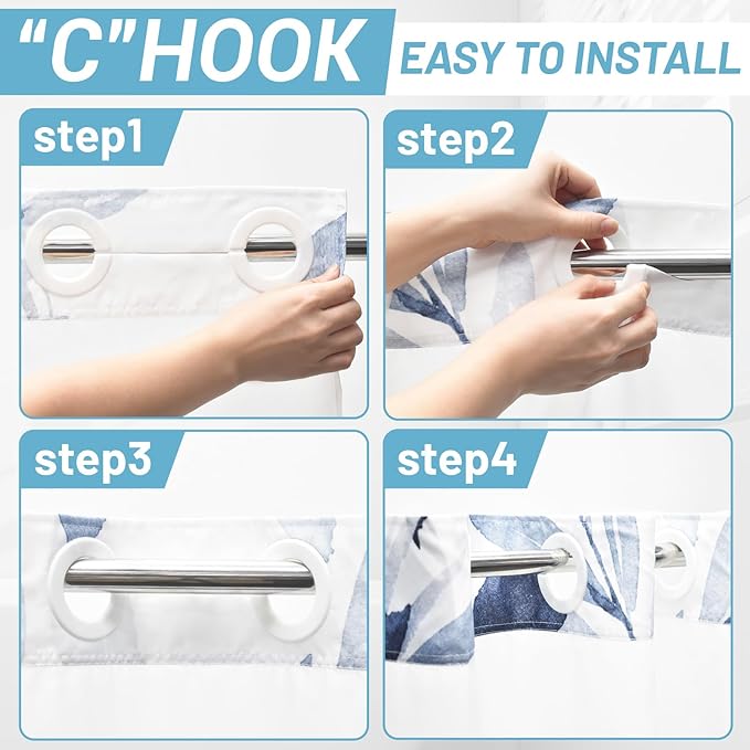 No Hook Shower Curtain with Snap in Liner - Floral Shower Curtain - Fabric Waterproof Inner Liner, Plants Navy Blue Extra Long Modern Cloth Shower Curtains - Machine Washable, 71 x 86