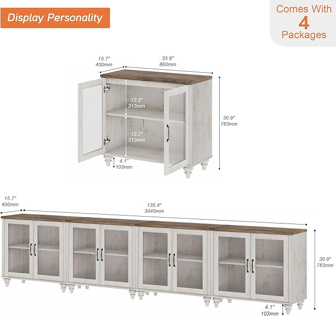WAMPAT Farmhouse TV Stand for 100 Inch TV, Glass Door Universal TV Stand with 4 Storage Cabinets, Entertainment Center for 75/80/85/90 Inch TV, Console Table for Living Room, Bedroom, Rustic White