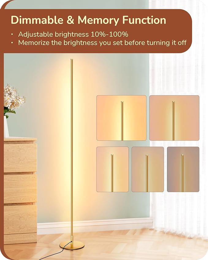 EDISHINE LED Corner Floor Lamp with Remote, 57.5" Minimalist Dimmable Corner Light, Tall Floor Lamps for Living Room, Bedroom, Office, 3000K Warm White Light (Gold)