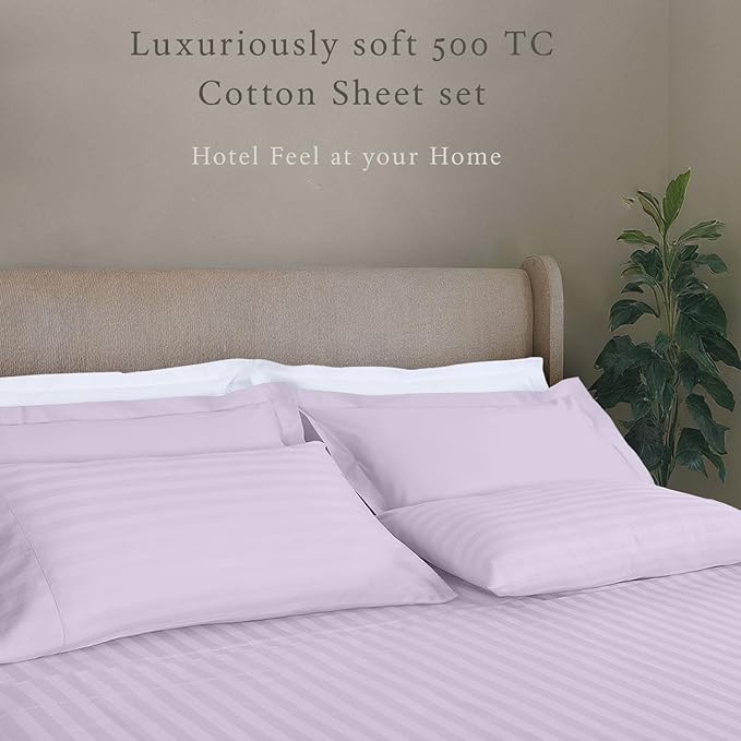 Threadmill 500 Thread Count King Size Damask Stripe, 4 Pc Luxury Cotton Bed Sheet Set, Silky Soft & Breathable Lilac Sheets with 16" Elasticized Deep Pocket, 2 Pillowcases & Free Tote Bag