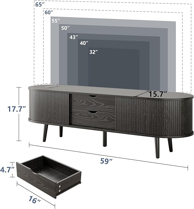 Alohappy 59" Mid Century Modern TV Stand with Charging Station, Curved Edge Fluted TV Console Table with Drawer and Shelf, Farmhouse Media Entertainment Center for Living Room, Bedroom, Black