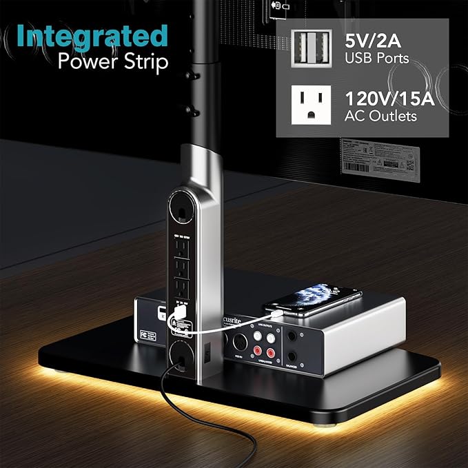 Universal TV Stand Tabletop TV Mount with Power Outlet for 50-90 Inch OLED LED Monitors, 9 Levels Height Adjustment, Ambient Lighting on The Bottom Holds up to 150lbs, Black 600x400mm