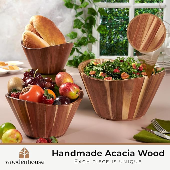 Woodenhouse Wooden Salad Bowl Set, Salad Bowls Set of 3 - Wavy Design Salad Bowl Set for Serving, Handmade, Durable and Stylish Natural Wood Dining Accessory