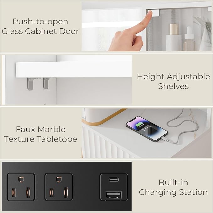 Fluted Vanity Desk with 36" Mirror and Lights, Makeup Vanity Desk with Glass Top, Dressing Table with 5 Drawers & Shelves, Wood Vanity Table for Bedroom(White)