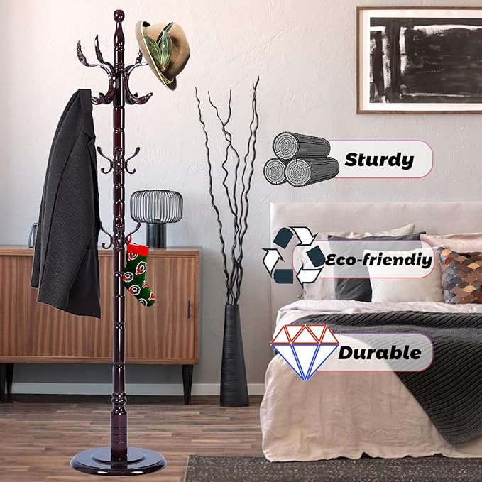 72 in Wood Coat Rack, Coat Rack Freestanding with Stable Round Base, Adjustable Height Tree Coat Racks Stand for Home Bedroom Office Hallway Entryway (Solid Wood Fenghuang Gou)