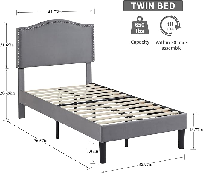 VECELO Twin Bed Frame Platform Bed Frame with Upholstered Headboard, Strong Frame and Wooden Slats Support, Strong Weight Capacity, Non-Slip and Noise-Free, Easy Assembly,Grey