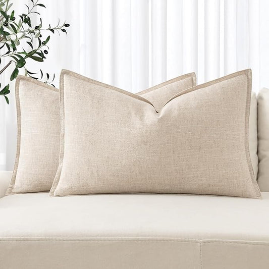 MIULEE Decorative Linen Lumbar Pillow Covers 12x20 Inch Natural Beige Boho Farmhouse Neutral Couch Throw Pillows for Bed Pack of 2 Accent Modern Pillowcase Sofa Livingroom Home Decor