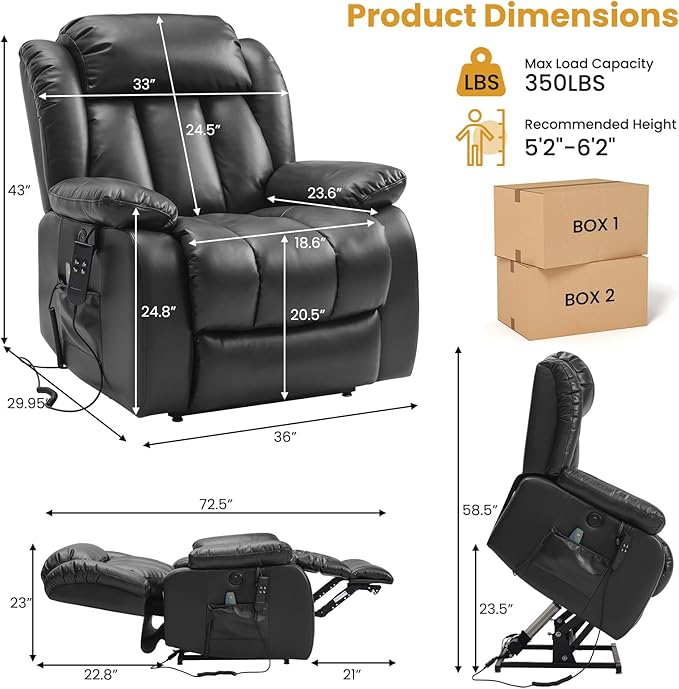 PARKOL Large Breathing Leather Infinite Position Power Lay Flat Lift Recliner Chairs for Elderly, Dual Motor with Massage and Heating,Extended Footrest,USB & Type-C Port and Remote,Black