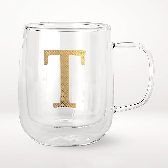 COLLECTIVE HOME - Double Walled Glass Coffee Mugs, Insulated Coffee Mug with Handle, Personalized Gifts for Women, Men, Christmas, 14 oz Monogram Cups (T)