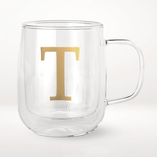 COLLECTIVE HOME - Double Walled Glass Coffee Mugs, Insulated Coffee Mug with Handle, Personalized Gifts for Women, Men, Christmas, 14 oz Monogram Cups (T)