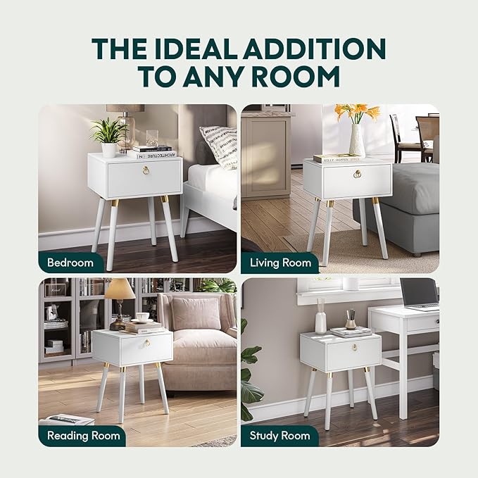 Bme Alden Wood Nightstand, Solid Wood End Table, Mid Century Modern Nightstand, Side Table with 1 Drawer, Compact for Bedroom, Living Room & Study Room, Easy Assembly, Ivory White