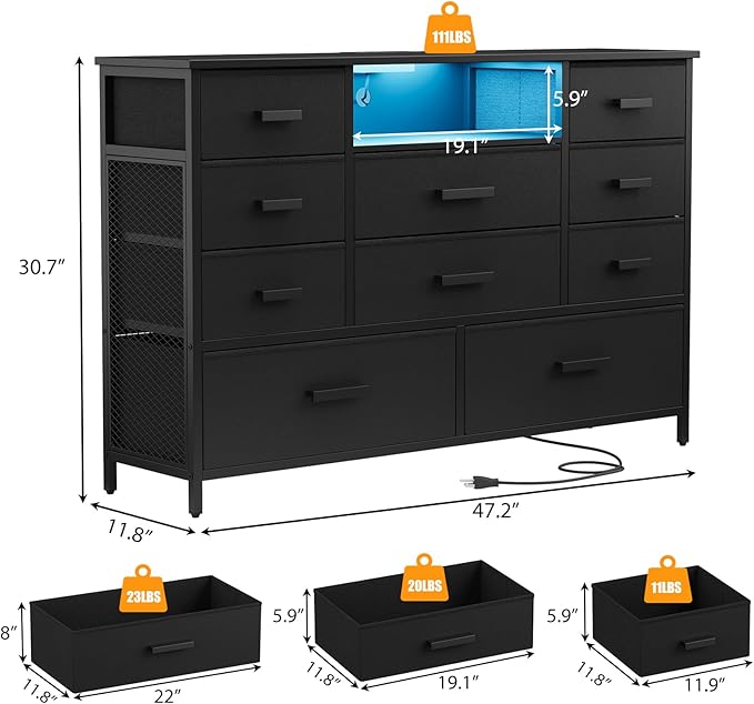 Dresser with Charging Station, Black Dresser for Bedroom with 10 Drawers, TV Stand Storage with LED Light for 55" TV, Fabric with PU Finish, Morden Chest of Drawers for Bedroom, Closet