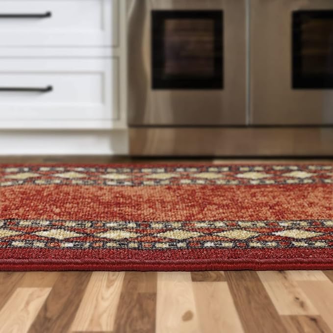 Antep Rugs Alfombras Modern Bordered 2pc Non-Skid (Non-Slip) Low Profile Pile Rubber Backing Indoor Kitchen Runner Rugs (Maroon Beige, 2pc Set)