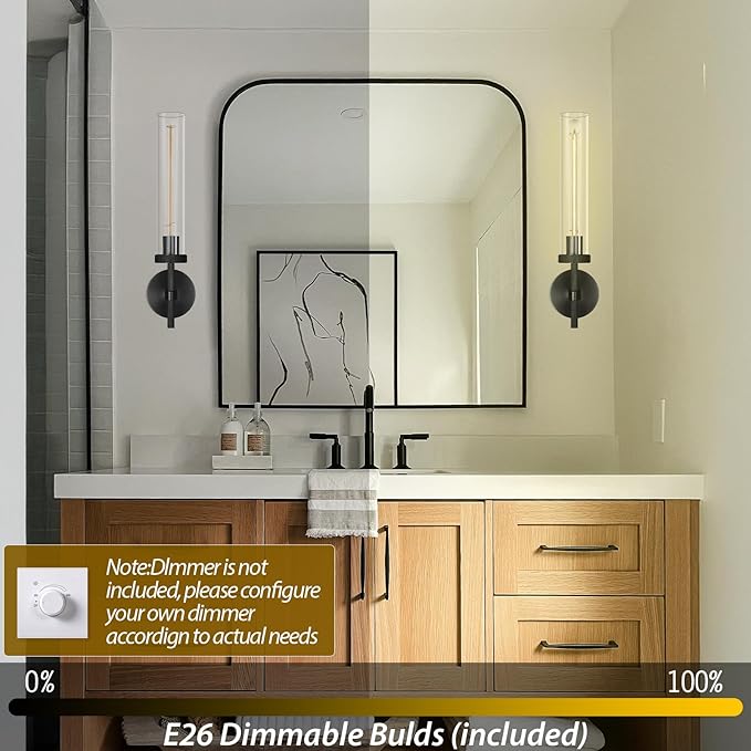 Black Wall Sconces Bathroom Vanity Light Fixtures, Glass Tube Wall Sconces Solid Copper Base, Sconces Wall Lighting Indoors, Wall Lights For Mirror, Living Room, Bedroom, Hallway (Including Bulb)