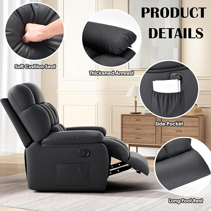 Recliner Chair, Leather Adjustable Recliner with Side Pockets, Living Room Power Reclining Lounge Chair for Adults, Small Spaces Comfy Sofa with Theater Seating for Bedroom, Black