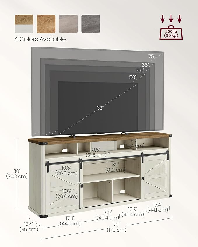 VASAGLE TV Stand for TVs up to 75 Inches, Farmhouse Entertainment Center with Sliding Barn Doors, Console Table for Living Room, Rustic White and Honey Brown ULTV323W02