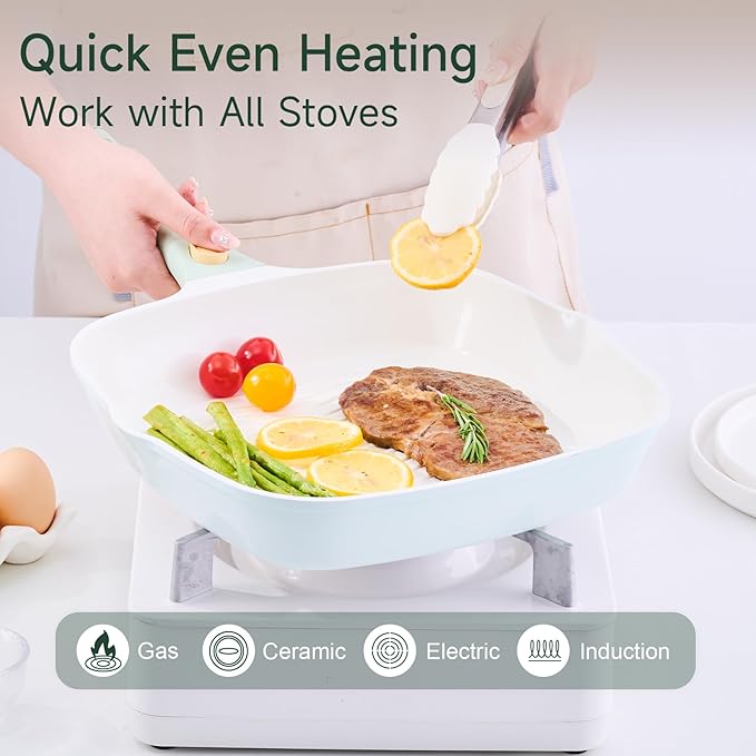 JEETEE Pots and Pans Set Non Stick 22pcs, Ceramic Cookware Set with Removable Handle, Healthy Kitchen Induction Cooking Pots Set with Detachable Handle, Oven Safe, PFAS & PFOA Free, Green, Beige