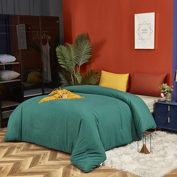 Luxlovery Emerald Green Comforter Set Full Dark Green Bedding Comforter Set Full Modern Solid Forest Green Cotton Blanket Quilts Cozy Soft Breathable 1 Comforter with 2 Yellow/Caramel Pillowcases