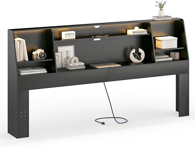 King Size Headboard Only, Wood Bookcase with Charging Station & 2 LED Lights for King Bed, Stylish Height Adjustable with Ample Storage for Bedroom, Noise-Free, Black