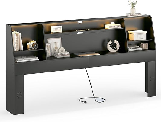 King Size Headboard Only, Wood Bookcase with Charging Station & 2 LED Lights for King Bed, Stylish Height Adjustable with Ample Storage for Bedroom, Noise-Free, Black