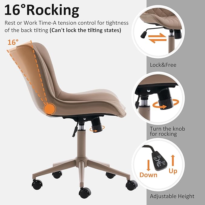 YOUTASTE All Khaki Office Chair, Modern Armless Desk Chair with Back, Adjustable Swivel Rolling Faux Leather Task Chair with Wheels Metal Base for Home Office, Study, or Vanity