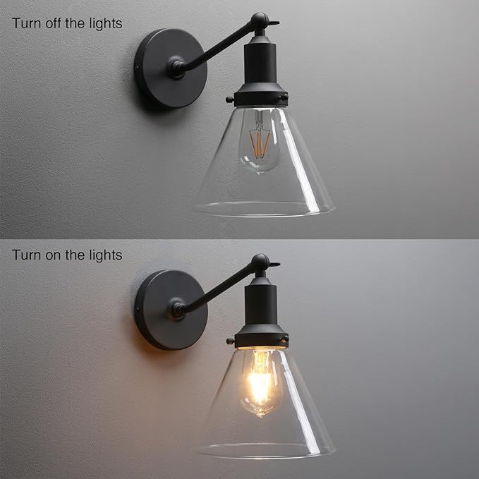 PERMO Industrial Vintage Slope Pole Wall Mount Single Sconce with Funnel Flared Clear Glass Shade Wall Sconce Light Lamp Fixture (Black)