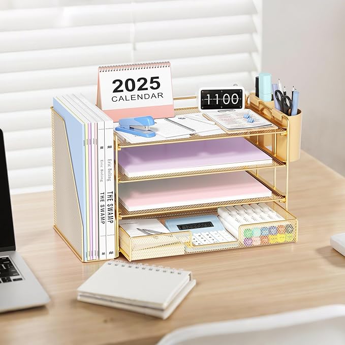 Desk Organizer and Accessories, 4-Tier Desktop File Organizer with Drawer and 2 Pen Holders, Office Desk Accessories for Office Supplies(Gold)
