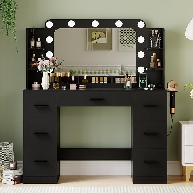 JUMMICO Makeup Vanity Desk with Large Mirror and Lights, Vanity with Power Strip and Hairdryer Holder, 6 Open Shelves and 7 Drawers Modern Dressing Table, for Bedroom (Black)