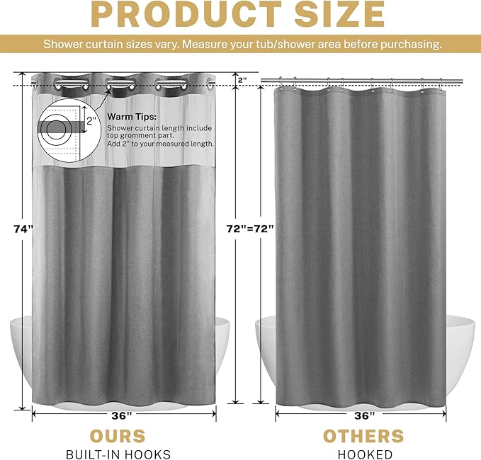 Stall No Hook Shower Curtain with Snap in Liner, Polyester Textured Shower Curtain with Liner Set, Waterproof Washable Hotel Style Shower Curtains for Bathroom, 36Wx74H, Grey