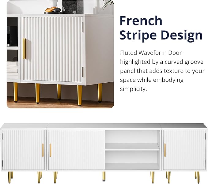 Cozy Castle 75" Modern Fluted Stand for TV up to 80", Mid Century Entertainment Center with Storage and Open Shelves, Media Console for Living Room, Bedroom, White