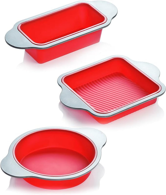 Boxiki Kitchen Silicone Baking Pans Set. 3 PCS Professional Non-Stick Baking Cake Pans Set includes Silicone Round Cake Pan, Square Cake Pan and Bread Loaf Pan.
