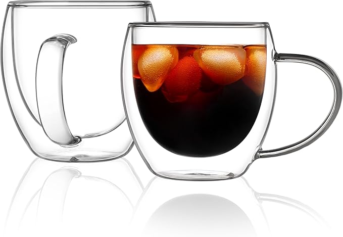 CNGLASS Double Walled Glass Coffee Mugs with Handle,12oz Insulated Glass Mugs with Handle,Clear Espresso Cups for Latte,Cappuccino,Tea Bag,Set of 2